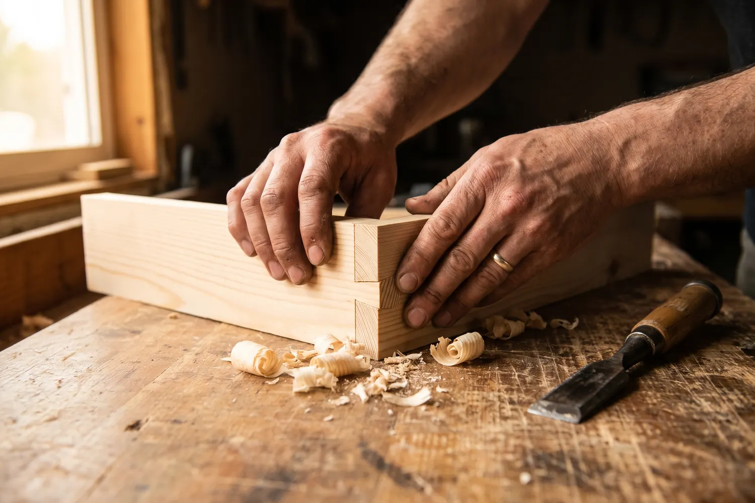 A craftsman's hands fitting two pieces of pine into a hidden joint