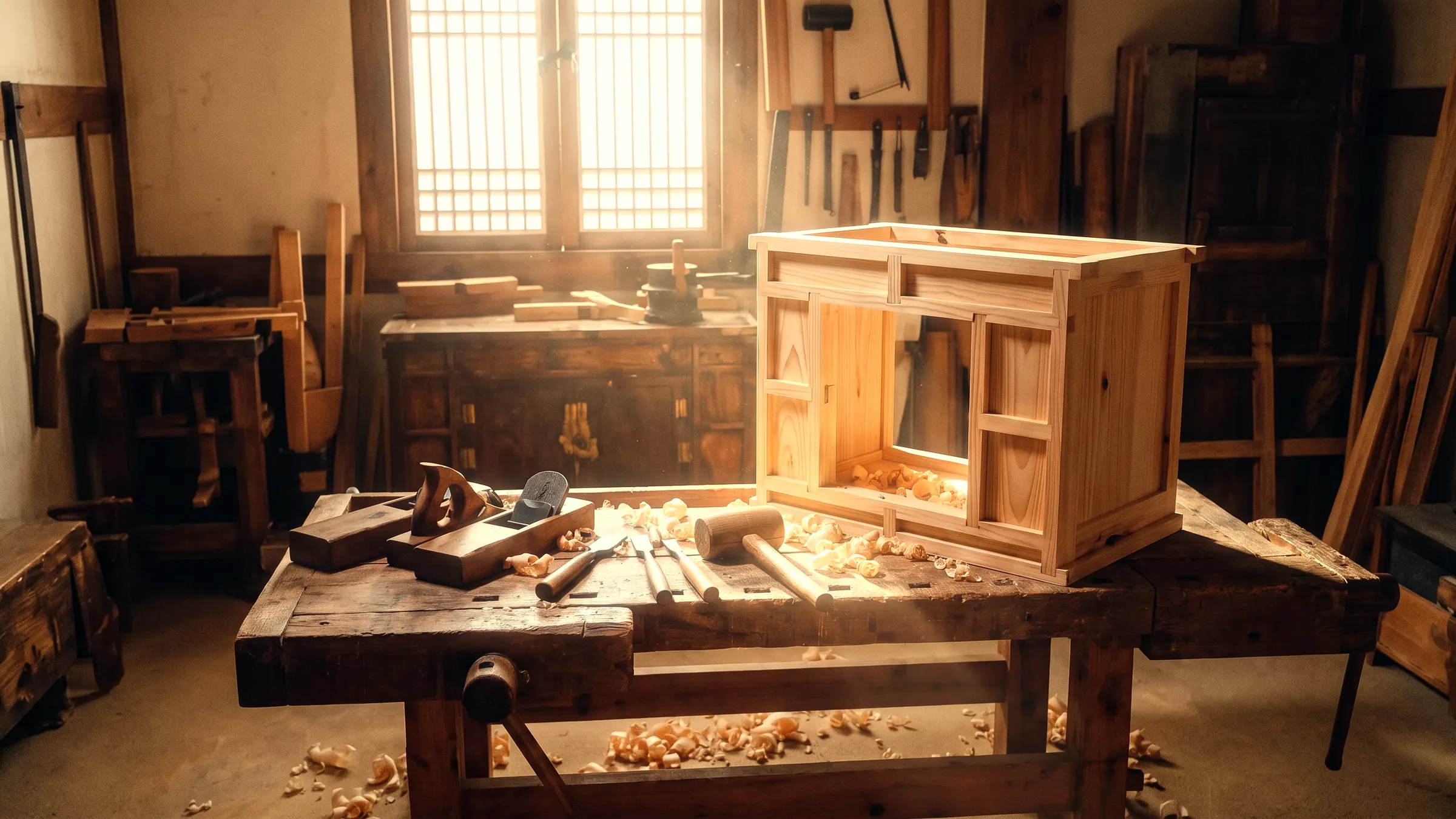 A master's workbench with hand planes, chisels and a cabinet frame joined without nails, in morning light through lattice windows